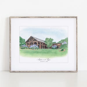 May include: Watercolor painting of a barn with a wooden frame, surrounded by green grass, trees, and purple flowers. The artwork is framed in a light gray wooden frame. The text "Meghan and Ryan" and "August 5, 2023" are written below the barn.