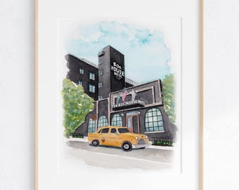 The Box House Hotel Watercolor Art Print, 8x10" or 11x14" Print of a hand-painted original painting, Brooklyn, New York, Wedding Gift Travel