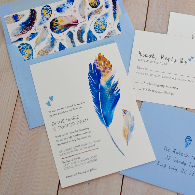 Blue Feathers Wedding Invitation Set Native American Wedding Etsy