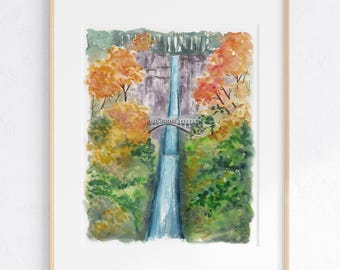 Multnomah Falls Watercolor Art 8x10" Print of hand-painted original painting Columbia River Gorge Portland Oregon Waterfall Travel Gift