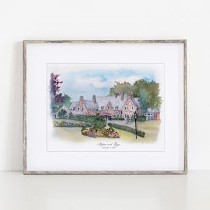 May include: Watercolor painting of a large stone building with multiple chimneys, framed in a light gray wooden frame. The artwork depicts a building with a red roof, surrounded by green trees and a blue sky. The text "Meghan and Ross, August 6, 2023" is at the bottom.