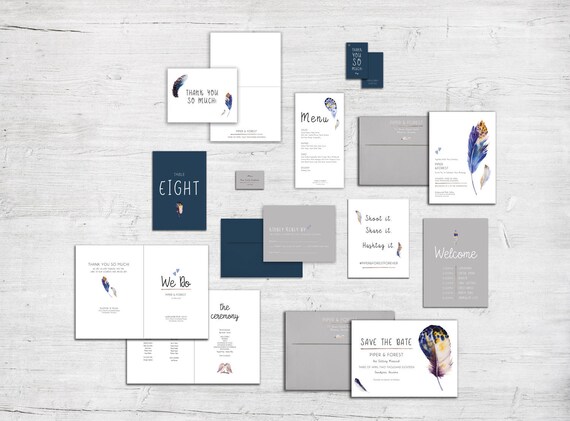 Blue Feathers Wedding Invitation Set Native American Wedding Etsy