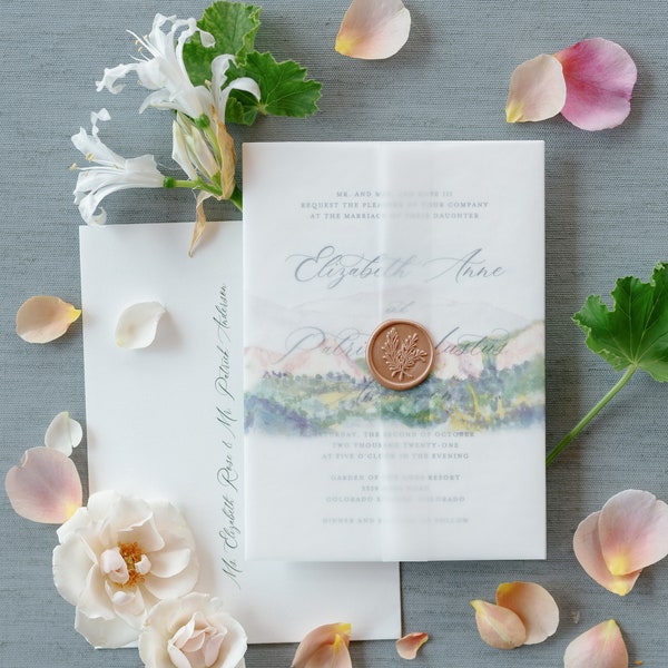 Colorado Springs Mountains Vellum Wrap for Your Own Wedding Invitations, with Watercolor Portrait