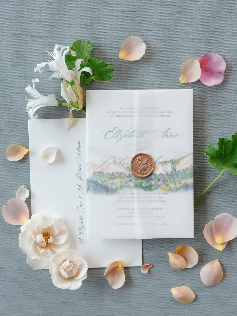 Vellum Wrap for Invitations, with Watercolor Venue Portrait Wedding Suite, Custom Illustration image 2