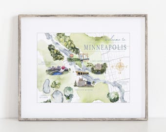 Minneapolis Watercolor Map Art Print, 8x10" or 11 x14" Travel Minnesota Art Print by Ivory Isle Designs, Downtown City Maps