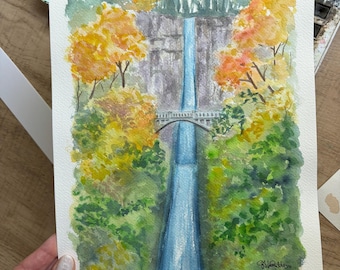Multnomah Falls Original Watercolor Painting, Hand Painted Art by Ivory Isle Designs Columbia River Gorge Travel Portland Oregon Waterfall