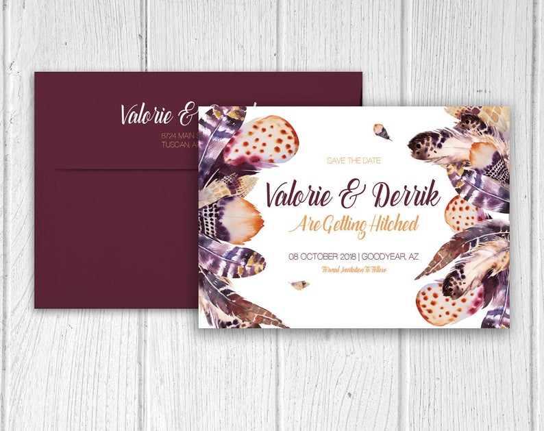 Save The Date Bohemian Feathers Bohemian Theme Native Etsy