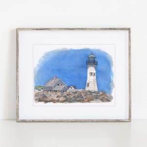 May include: A watercolor painting of a white lighthouse with a green roof and a gray house in front of it. The scene is set against a bright blue sky.