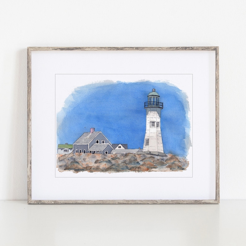 May include: A watercolor painting of a white lighthouse with a green roof and a gray house in front of it. The scene is set against a bright blue sky.