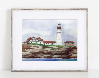 Portland Head Light Watercolor Art Print 8x10" 11x14" Cape Elizabeth, Maine Print of a hand-painted art Travel Wedding Gift Lighthouse