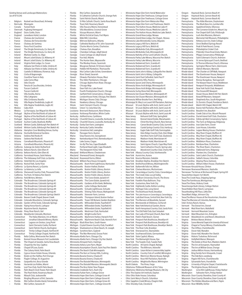 May include: A list of venues and landscape watercolors, including locations and names, such as The Hutton House, Medicine Lake, Minnesota, and The Colony Hotel, Palm Beach, Florida.