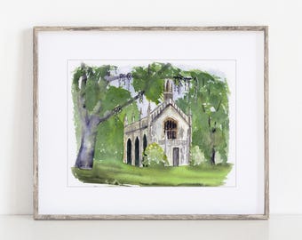 St Mary's Episcopal Church at Laurel Hill Plantation Watercolor Art Print, 8x10" 11x14" Mississippi, print of hand-painted original art