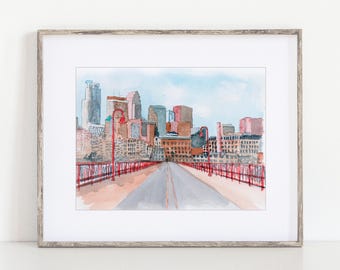 Stone Arch Bridge Watercolor Art Print of Hand-painted Art: Minneapolis Landmark, Minnesota Travel Gift 8x10"  11x14" Personalizable Wedding