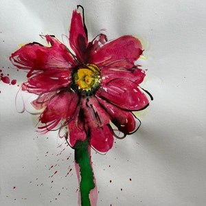Dipinto di fiori di margherita rosa su carta - Arte murale - Artista autistico - Tecnica mista - Inchiostro acrilico - Pennarello - Arte murale di margherita - Regalo d'arte