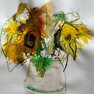 Dipinto di girasoli in vaso - Girasoli astratti - Arte originale - Artista autistico - Tecnica mista - Inchiostro acrilico - Pennarello - Acquerello