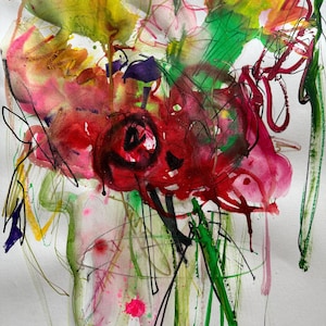 Dipinto astratto originale di fiori in vaso su carta - Arte murale - Artista autistico - Tecnica mista - Inchiostro acrilico - Acquerello - Pennarello