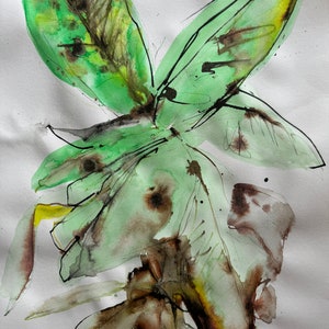Dipinto acrilico e acquerello su carta con tecnica mista di pianta di banana - Arte murale - Decorazione murale - Arte autistica - Arte astratta - Arte vegetale