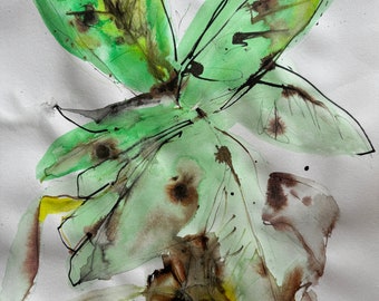 May include: Abstract watercolor painting of a green butterfly with brown and black accents on a white background.