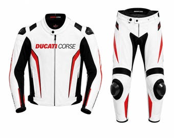 Ducati Corse C6 White Leather Racing Suit – Men’s 2-Piece Motorcycle Jacket & Pants Set