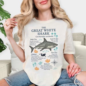 Great White Shark Ocean T Shirt, Marine Life Facts Tee, Sea Creatures Illustration Shirt, Beach Lover Gift, Shark Enthusiast Shirt