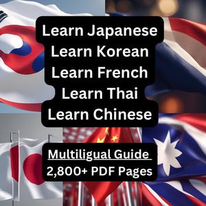 Może przedstawiać: Kolaż flag różnych krajów, w tym Japonii, Korei, Francji, Tajlandii i Chin. Tekst "Naucz się japońskiego, Naucz się koreańskiego, Naucz się francuskiego, Naucz się tajskiego, Naucz się chińskiego" jest wyświetlany czarnym tekstem na białym tle. Pod tekstem znajduje się czerwona flaga z żółtymi gwiazdami i tekst "Przewodnik wielojęzyczny 2800+ stron PDF".