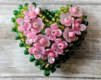 Pink Flowers Textile Beaded Brooch