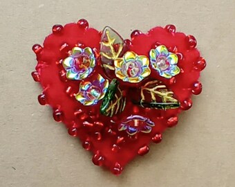 Red Flowers Textile Beaded Brooch