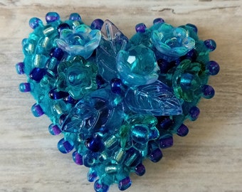 Turquoise and Blues Flowers Textile Beaded Brooch