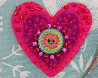 Embroidered Pink Heart Brooch