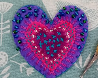 Embroidered Purple and Pink Heart Brooch