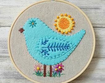 Embroidered Hoop Blue Birdie Art