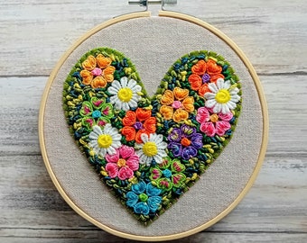 Embroidered Hoop Flowers Heart Art