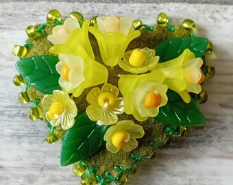 Yellow Flowers Textile Beaded Brooch