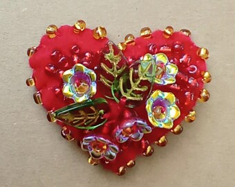 Red Flowers Textile Beaded Brooch