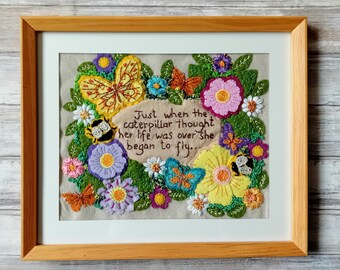 She began to fly handmade embroidery/handstitched embroidery/stitched art/embroidery/inspirational quote embroidery