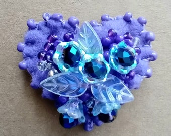 Purple Flowers Textile Beaded Brooch