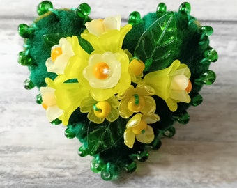 Yellow & Lemon Flowers Textile Beaded Brooch