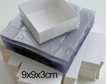 Weiße Geschenkbox mit transparenter Deckel 9x9x3cm – Produktverpackung mit Klarsichtdeckel | White Gift Box with Clear Lid