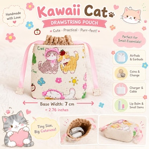 May include: A beige drawstring pouch featuring a cat print with pink ribbons and a 7 cm or 2.76 inches base width. The fabric displays illustrations of cats, apples, trees, and flowers. The pouch includes a brown polka dot inner lining and pink satin drawstrings.