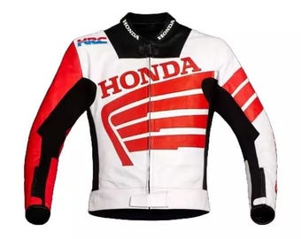 Handmade Honda Motorbike Leather Jacket Motorcycle Jacket, Personlized Jacket, Honda Biker Jacket, White And Red Biker Leather Jacket