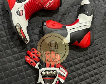 Handmade Ducati Motorbike Motorcycle Boots And Gloves, Personlized Jacket, Biker Boots And Gloves, Red & White Ducati Leather Boots Gloves