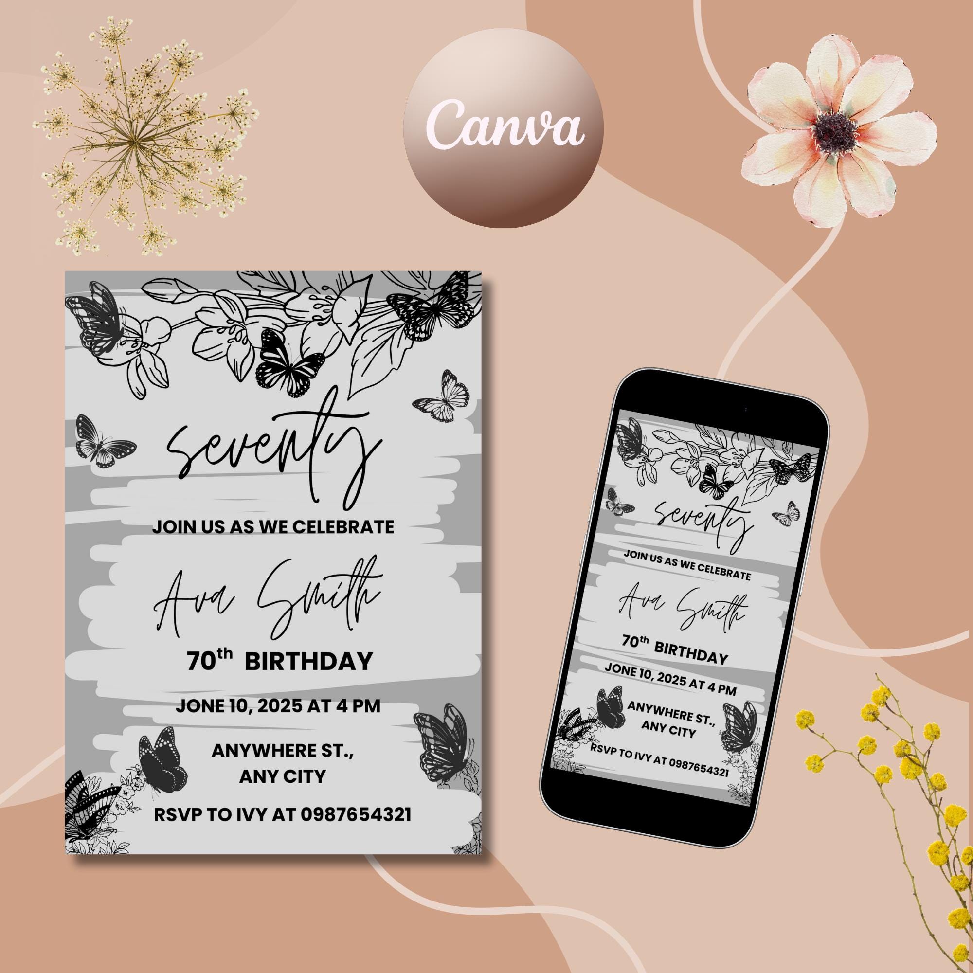Seventy Birthday Party Invitation Butterfly Invite Black-Butterfly Garden Butterflie 70 Birthday Invit Butterflie Design Instant Download