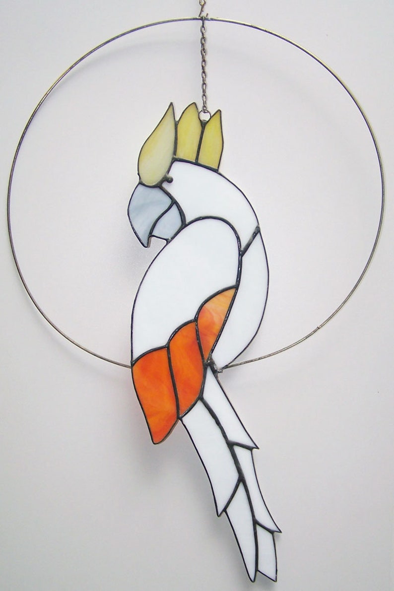 PARROT White and orange ....stained glass hanging