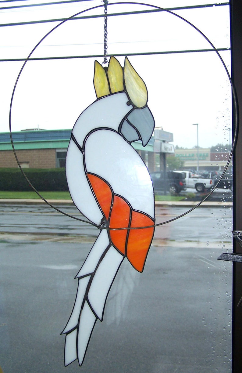 PARROT White and orange ....stained glass hanging