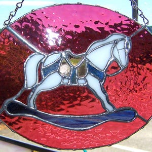 Stained Glass Rocking Horse Window Hanging: Pink Whimsical Decor