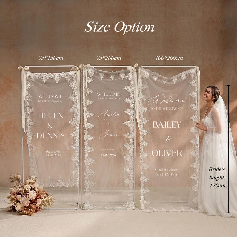 May include: Wedding welcome signs with lace trim, featuring names and dates. Sizes are 75*150cm, 75*200cm, and 100*200cm. A bride stands next to the sign, her height is 170cm. A floral arrangement is in the foreground.