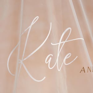May include: A sheer, light-colored fabric with the name "Kate" in elegant white script. The fabric has a soft, translucent quality, with the word "AND" visible in the background.
