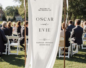 Benutzerdefinierte Stoff Hochzeit Willkommensschild, personalisierte Leinen Hochzeitsschild, Boho Hochzeitsdeko, moderne Zeremonie Zeichen, rustikale Stoff Zeichen