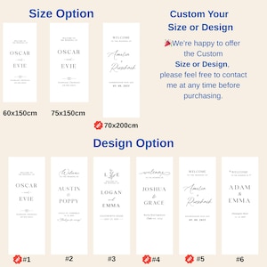 May include: Wedding welcome signs with various design options. The signs are rectangular and feature names, dates, and locations. Available sizes include 60x150cm, 75x150cm, and 70x200cm. The signs are customizable.