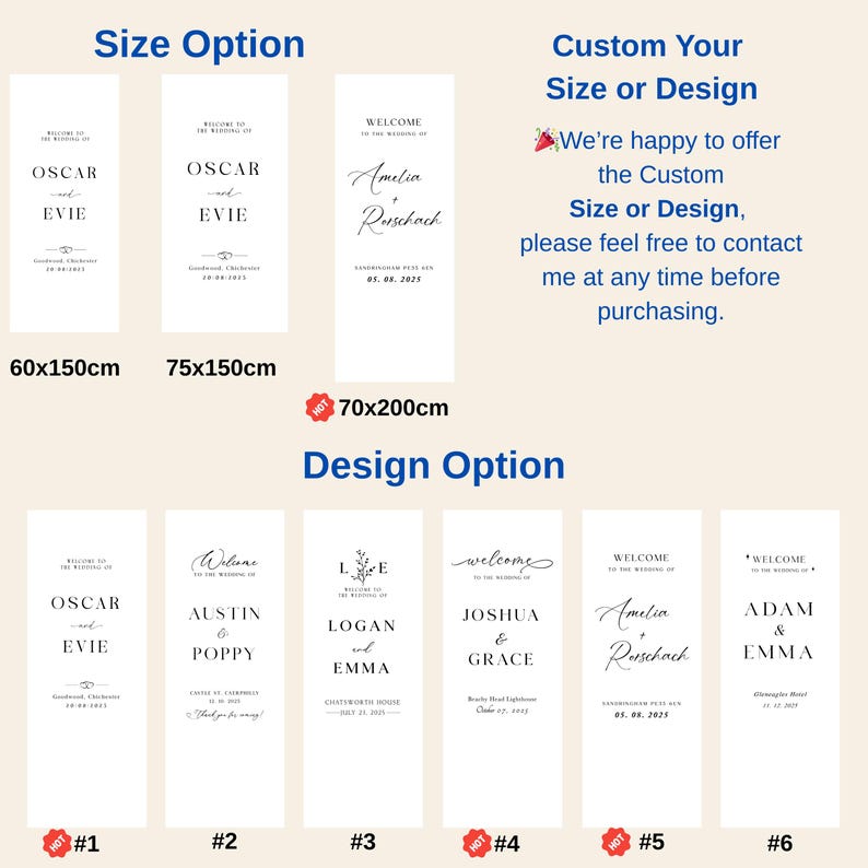 May include: Wedding welcome signs with various design options. The signs are rectangular and feature names, dates, and locations. Available sizes include 60x150cm, 75x150cm, and 70x200cm. The signs are customizable.
